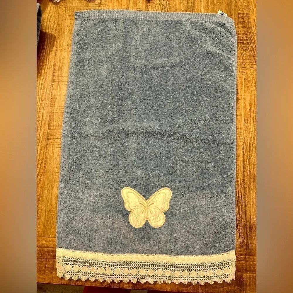 Vintage Saturday Knight Ltd. 2 Blue Hand Towels with Embroidered Satin Butterfly